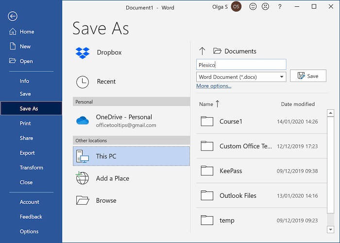 Screenshot of the Microsoft Office saving screen anno 2025. The screen shows a whole lot of things, but not a file browser interface.