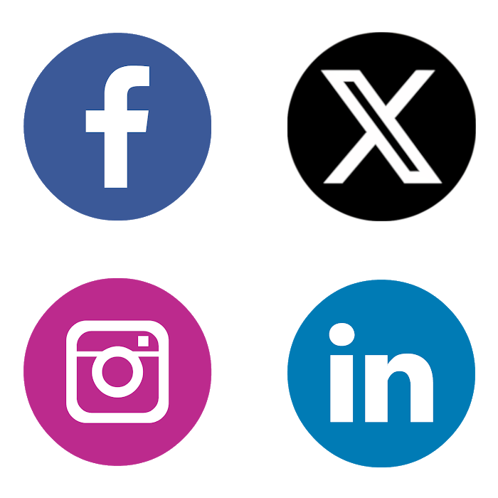 four social media icons in a quadrant, in reading order starting top left: Facebook, X, Instagram, LinkedIn